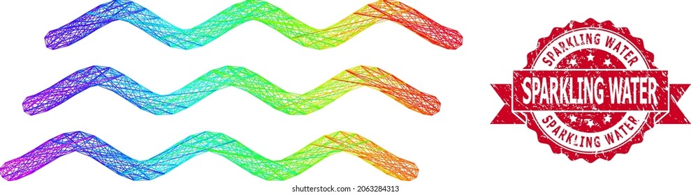 Rainbow colorful network water waves, and Sparkling Water unclean ribbon stamp seal. Red stamp seal has Sparkling Water title inside ribbon.