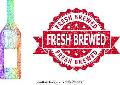 Rainbow colorful network wine bottle, and Fresh Brewed grunge ribbon seal. Red seal contains Fresh Brewed title inside ribbon.Geometric hatched frame flat network based on wine bottle icon,