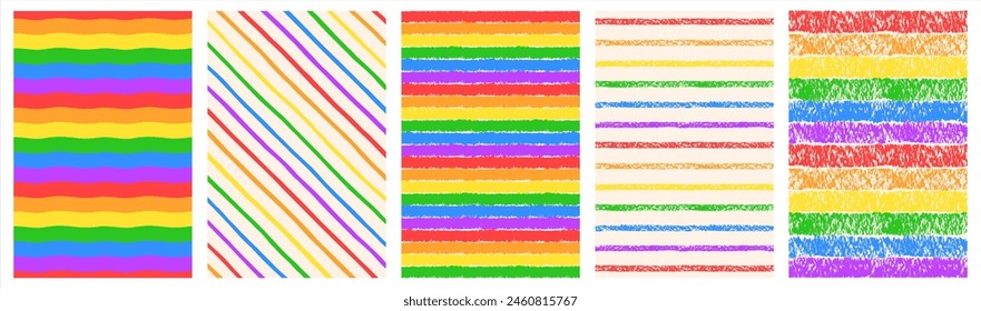 Conjunto de fondos de texto de rayas coloridas de arco iris. Colores de banderas Lgbt, mes del orgullo gay, medios sociales, historias y Plantillas. Pincel dibujado a mano, líneas de garabato desiguales con textura de crayón. Colección de patrones a rayas.