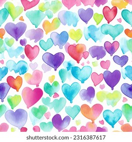 Rainbow Colorful Tons of Hearts: Abstract Watercolor Seamless Pattern: Red, orange, yellow, green, blue, indigo, violet
