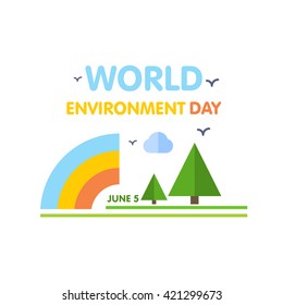 Rainbow with colorful typography with tree, clouds and birds flying. World Environment Day vector illustration