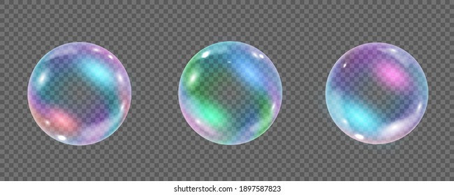 Rainbow colorful underwater bubble isolated on transparent background. Realistic vector illustration of air or soap water bubbles with reflections. Collection of iridescent shiny shampoo foam balls