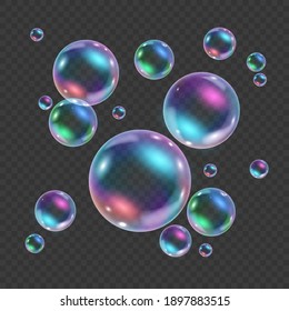 Burbuja submarina de color arcoiris aislada en un fondo transparente. Ilustración vectorial realista de burbujas de agua de aire o jabón con reflecciones. Bolas flotantes de espuma de champú brillante iridiscente