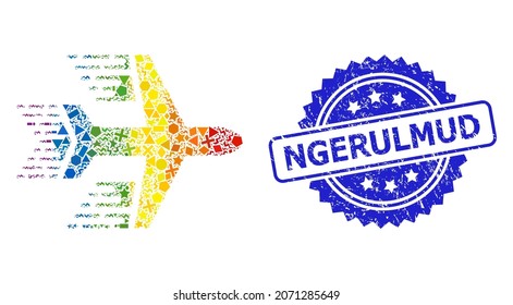 Rainbow colorful vector aircraft mosaic for LGBT, and Ngerulmud dirty rosette stamp. Blue stamp has Ngerulmud title inside rosette.