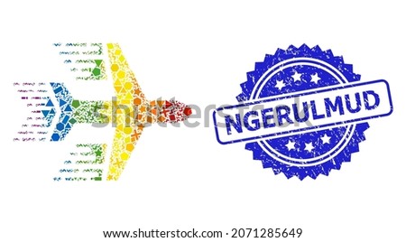 Rainbow colorful vector aircraft mosaic for LGBT, and Ngerulmud dirty rosette stamp. Blue stamp has Ngerulmud title inside rosette.