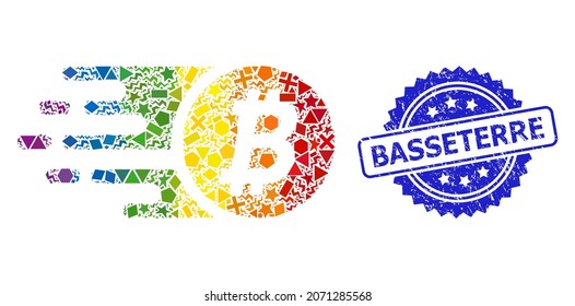 Rainbow colorful vector bitcoin coin collage for LGBT, and Basseterre dirty rosette seal imitation. Blue stamp has Basseterre title inside rosette.