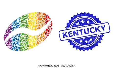Collage de frijol de cacao vectorial de color arcoiris para LGBT, y sello de sello de rosetón grunge de Kentucky. El sello azul incluye la etiqueta Kentucky dentro de la rosette.