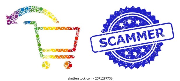 Rainbow colorful vector cancel shopping order mosaic for LGBT, and Scammer rubber rosette stamp seal. Blue stamp seal contains Scammer text inside rosette.