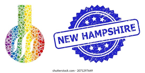 Rainbow colorful vector chemical aroma mosaic for LGBT, and New Hampshire corroded rosette seal. Blue stamp seal includes New Hampshire caption inside rosette.
