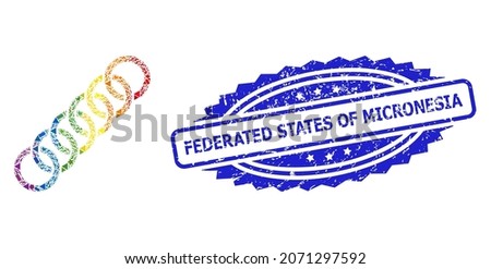 Rainbow colorful vector circle chain collage for LGBT, and Federated States of Micronesia unclean rosette seal. Blue stamp seal contains Federated States of Micronesia title inside rosette.