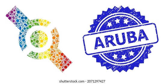 Mosaico de conector vectorial de color arcoiris para LGBT, y imitación de sello de rosette texturizado de Aruba. El sello azul contiene la etiqueta Aruba dentro de la roseta.