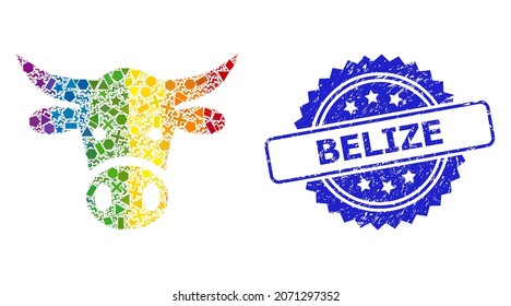 Rainbow colorful vector cow head mosaic for LGBT, and Belize scratched rosette seal print. Blue seal contains Belize caption inside rosette.