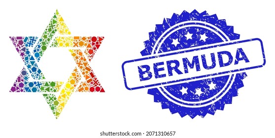 Rainbow colorful vector david star collage for LGBT, and Bermuda unclean rosette stamp seal. Blue seal includes Bermuda tag inside rosette.