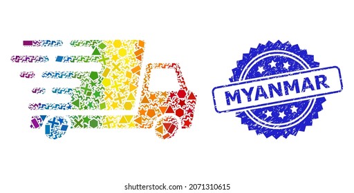 Rainbow colorful vector delivery car mosaic for LGBT, and Myanmar textured rosette seal imitation. Blue stamp seal contains Myanmar title inside rosette.