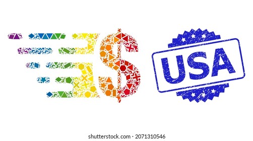 Rainbow colorful vector dollar collage for LGBT, and USA corroded rosette stamp seal. Blue stamp seal contains USA title inside rosette.