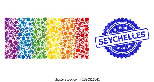 Rainbow colorful vector filled rectangle collage for LGBT, and Seychelles rubber rosette stamp seal. Blue stamp seal has Seychelles text inside rosette.