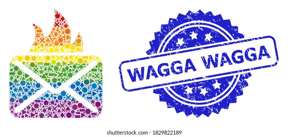 Rainbow bunter Vektorbriefe Hot Mail Mosaik für LGBT und Wagga Gummi Rosette Robbendruck. Das blaue Siegel enthält Wagga-Text in Rosette.