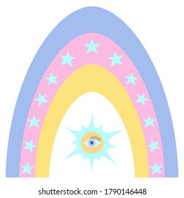 Rainbow. Colorful vector illustration. Isolated white background. Boho style. A bright natural phenomenon. Ethnic motives. Multi-colored stripes with fancy ornaments. Template for advertising. Eye.