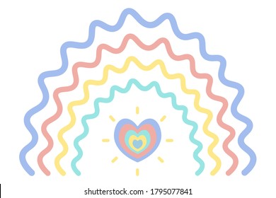 Rainbow. Colorful vector illustration. Isolated white background. Boho style. A striking natural phenomenon. Ethnic motives. Multicolored stripes with fantasy patterns.  Rainbow print. Pastel tone.  