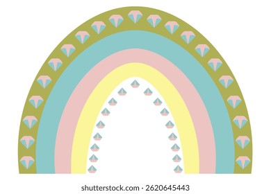 Arco iris. Ilustración vectorial colorida. Fondo blanco aislado. Estilo Boho. Fenómeno natural brillante. Motivos étnicos. Rayas multicolores con adorno de diamantes de fantasía. Estampado de arco iris.