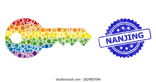 Rainbow colorful vector key collage for LGBT, and Nanjing textured rosette stamp seal. Blue stamp seal contains Nanjing tag inside rosette.