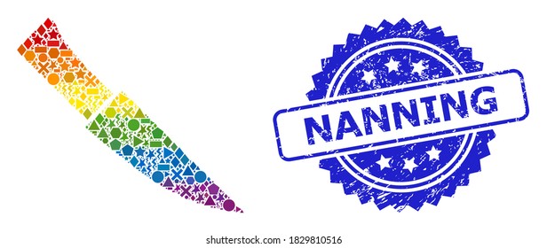Rainbow colorful vector knife mosaic for LGBT, and Nanning rubber rosette seal. Blue seal includes Nanning tag inside rosette. Geometric random spots are arranged into abstract mosaic knife icon.