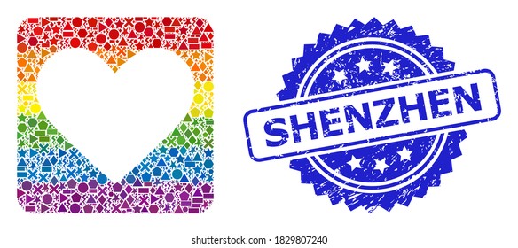 Rainbow colorful vector love heart collage for LGBT, and Shenzhen dirty rosette stamp seal. Blue stamp seal includes Shenzhen caption inside rosette.