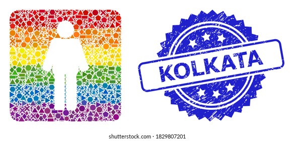 Rainbow colorful vector man mosaic for LGBT, and Kolkata textured rosette stamp seal. Blue stamp seal has Kolkata title inside rosette.