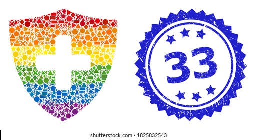 Rainbow colorful vector medical shield collage for LGBT, and 33 rubber rosette seal. Blue seal has 33 text inside rosette.