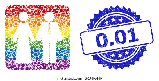 Rainbow colorful vector newlyweds mosaic for LGBT, and 0.01 scratched rosette stamp. Blue stamp seal contains 0.01 text inside rosette.