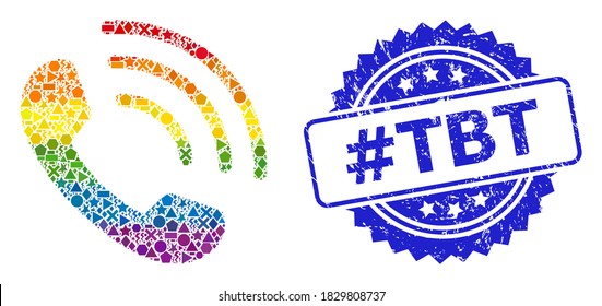 Rainbow colorful vector phone call mosaic for LGBT, and #Tbt scratched rosette stamp seal. Blue stamp seal contains #Tbt tag inside rosette.