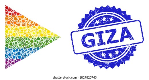 Rainbow colorful vector play function mosaic for LGBT, and Giza rubber rosette stamp seal. Blue stamp seal contains Giza tag inside rosette.