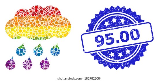 Mosaico de nube vectorial de color arcoiris para LGBT, y sello de sello de rosette corroido 95.00. El sello azul incluye 95.00 etiquetas dentro de la roseta.