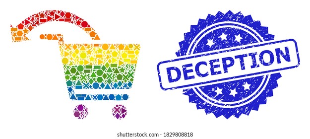 Rainbow colorful vector refund shopping order collage for LGBT, and Deception corroded rosette seal print. Blue stamp seal contains Deception caption inside rosette.
