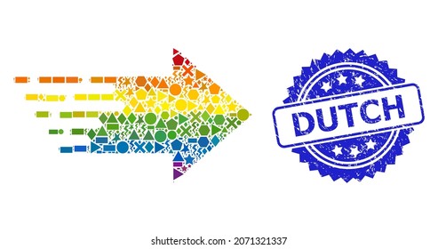 Rainbow colorful vector right arrow mosaic for LGBT, and Dutch dirty rosette seal imitation. Blue seal contains Dutch text inside rosette.