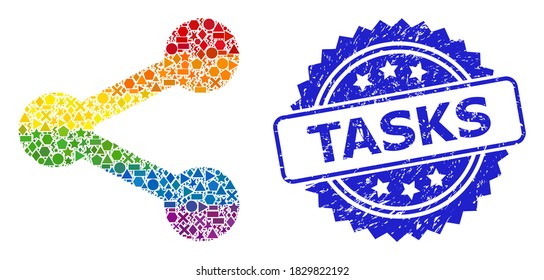 Farbige Vektorgrafik-Collage aus Regenbogen für LGBT und vom Tasks korrodierte Rosette-Stempel. Der blaue Stempel enthält das Tasks-Tag in der Rosette. Geometrische Zufallsteile werden zu abstrakten Teilen zusammengefasst.