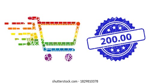 Rainbow colorful vector shop cart collage for LGBT, and 200.00 scratched rosette stamp seal. Blue stamp seal has 200.00 caption inside rosette.