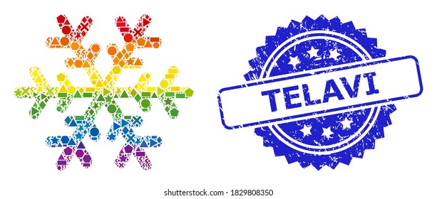Rainbow colorful vector snowflake collage for LGBT, and Telavi corroded rosette seal print. Blue stamp seal includes Telavi tag inside rosette.