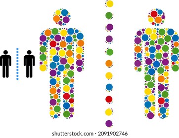 Rainbow colorful vector social distance random dot mosaic for LGBT, and an original icon. Circle random parts are united into abstract mosaic social distance icon.