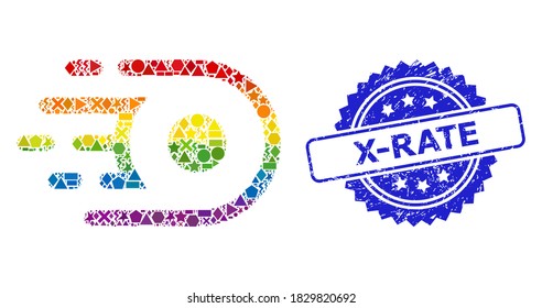 Collage del núcleo de velocidad vectorial de color arcoiris para LGBT, y sello de rosette impuro de velocidad X. El sello azul incluye texto de velocidad X dentro de la rosette.