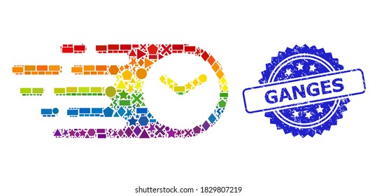 Rainbow colorful vector speed time mosaic for LGBT, and Ganges rubber rosette stamp. Blue stamp includes Ganges caption inside rosette.