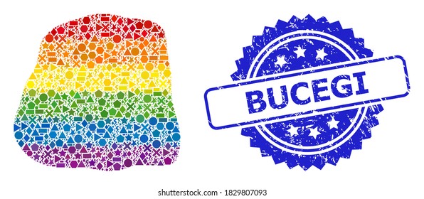 Rainbow colorful vector stone collage for LGBT, and Bucegi scratched rosette stamp. Blue stamp has Bucegi text inside rosette. Geometric random dots are arranged into abstract collage stone icon.