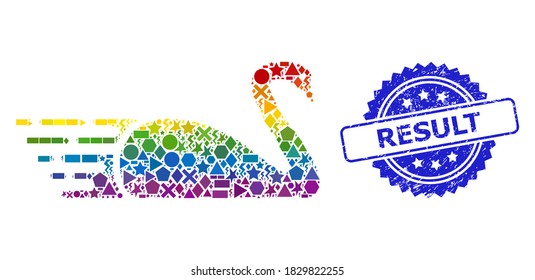 Rainbow colorful vector swan collage for LGBT, and Result corroded rosette stamp seal. Blue stamp seal includes Result caption inside rosette.