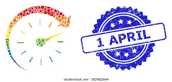 Collage de tiempo de avance en vectores de color arcoiris para LGBT, y impresión de sello de rosette texturizada el 1 de abril. El sello azul contiene una leyenda de 1 de abril dentro de la roseta.