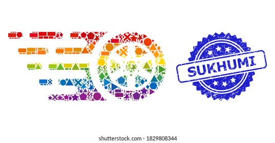 Rainbow colorful vector tire wheel collage for LGBT, and Sukhumi rubber rosette seal print. Blue seal contains Sukhumi caption inside rosette.