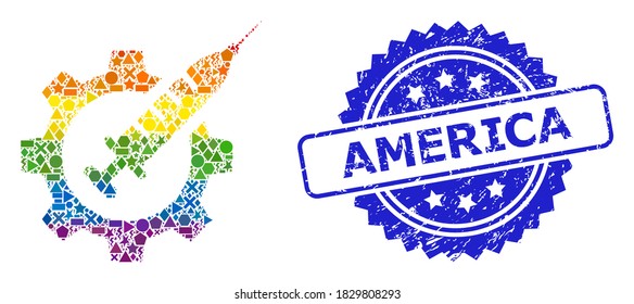 Rainbow colorful vector vaccine industry mosaic for LGBT, and America dirty rosette seal. Blue stamp seal contains America tag inside rosette.