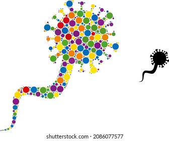 Mosaico de puntos al azar del virus vectorial del arcoiris colorido para LGBT, y un icono de fuente. Las partes aleatorias del círculo se agrupan en un icono abstracto del virus del virión de mosaico.