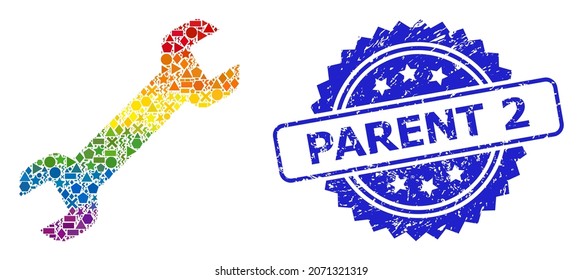 Rainbow colorful vector wrench collage for LGBT, and Parent 2 rubber rosette stamp seal. Blue stamp seal has Parent 2 text inside rosette.