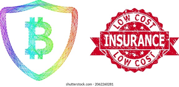 Rainbow colorful wire frame bitcoin shield, and Low Cost Insurance corroded ribbon seal. Red stamp seal contains Low Cost Insurance tag inside ribbon.