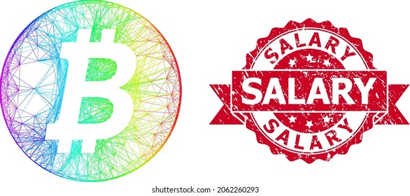 Rainbow colorful wire frame bitcoin coin, and Salary unclean ribbon seal print. Red stamp seal contains Salary title inside ribbon.Geometric linear frame 2D net based on bitcoin coin icon,